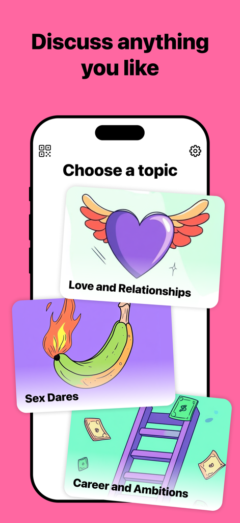QinQai: Choose One for Couples - Tela de smartphone mostrando tópicos do aplicativo QinQai como Amor e Relacionamentos, Ousadias Sexuais e Carreira e Ambições.