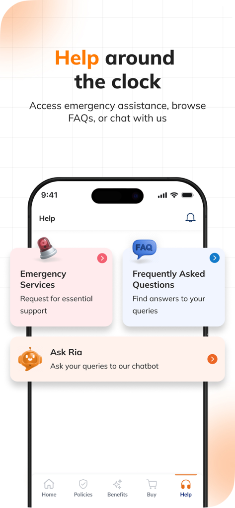 Help screen of ILTakeCare app showing emergency services and FAQ features
