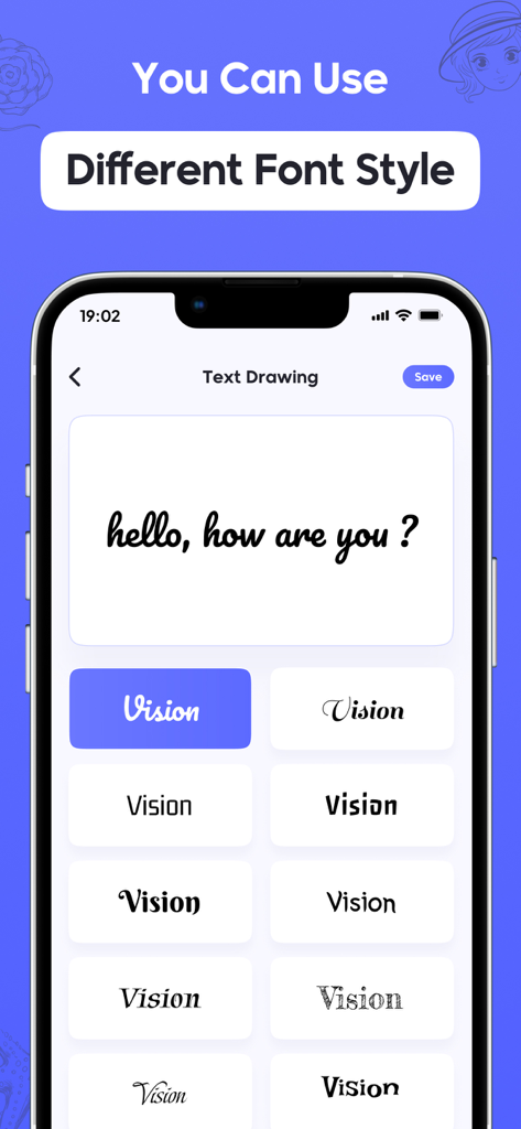 AR Sketch - Trace Anything - 앱 화면이 텍스트 트레이싱 및 드로잉을 위한 다양한 글꼴 스타일 옵션을 보여줍니다.