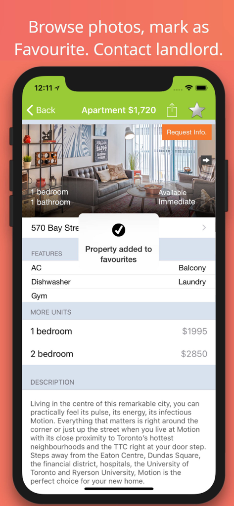Rent Compass Apartment Finder - Detailed apartment rental listing in Toronto showing features and price on Rent Compass app