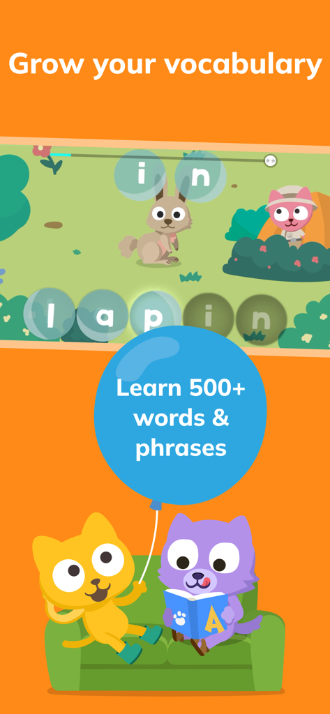 ウサギと漫画の猫が登場する単語ゲームでフランス語の語彙を学ぶ子供たち