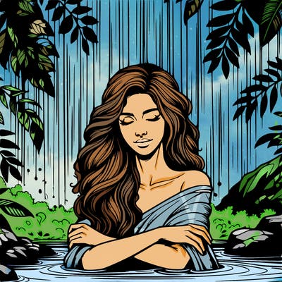 realistic female model under waterfall