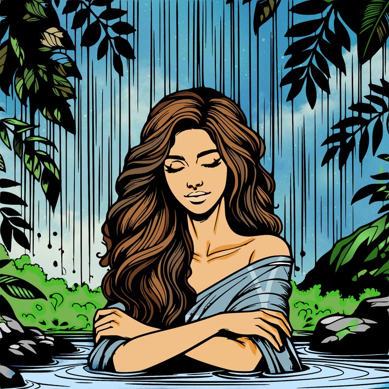 realistic female model under waterfall