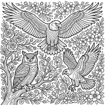 Discover the power and beauty of nature with this intricate coloring page featuring magnificent birds of prey. An eagle, an owl, and a hawk are gracefully depicted amidst a vibrant spring scene bursting with blooming flowers and lush foliage.