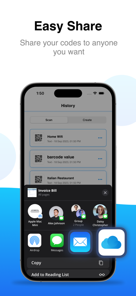 A screenshot of the QR Code Reader app showing a list of scanned codes and the iOS share menu.
