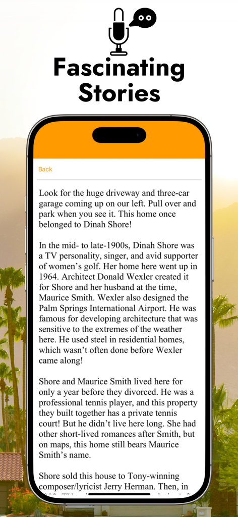팜스프링스 오디오 투어 가이드 앱의 다이나 쇼어 집에 대한 이야기를 보여주는 스마트폰