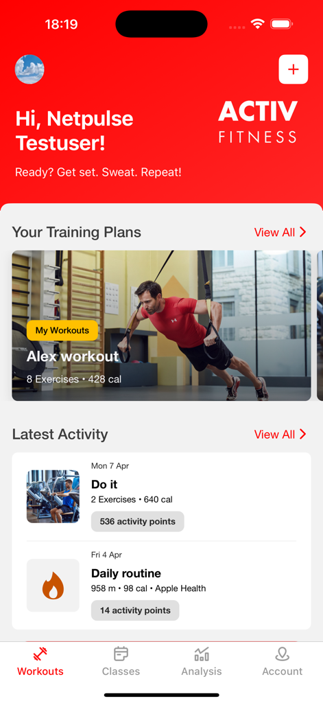 ACTIV FITNESS - The home screen of the ACTIV FITNESS app displaying personal training plans and latest activity tracking.