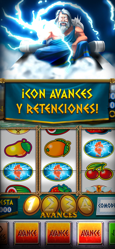 Troya - Máquina Tragaperras - Troya slot machine game interface showing Zeus character with lightning and nudge mechanics in Spanish