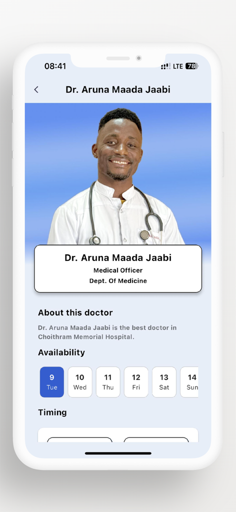 Tela de perfil do médico e disponibilidade de consultas no aplicativo móvel CMH Health Assist