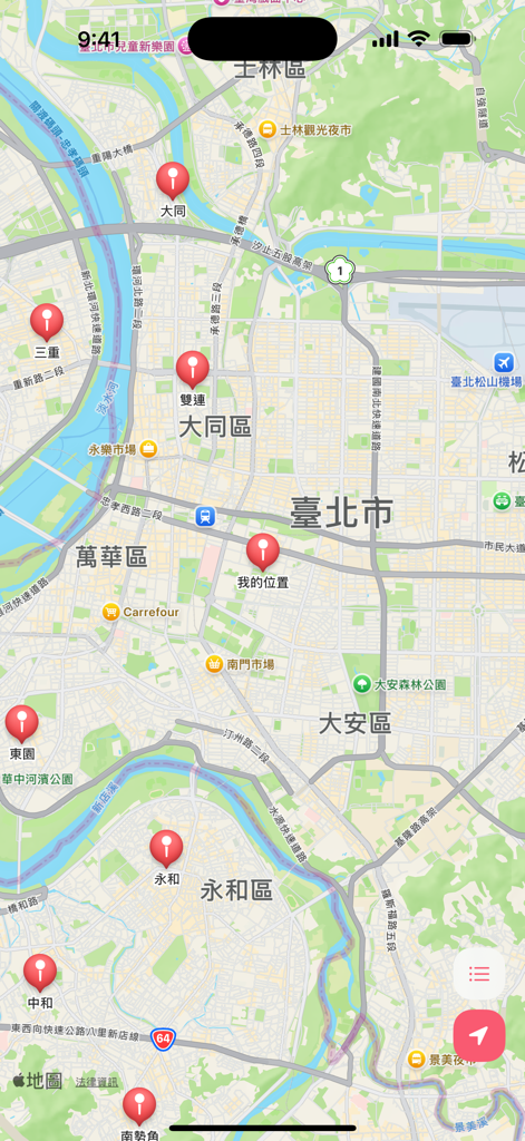 Map view of the True Jesus Church navigation app showing church locations in Taipei