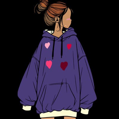 realistic girl with a oversized sweatshirt on and a bun