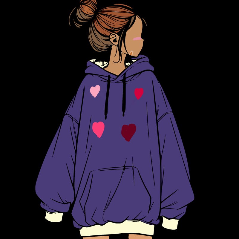 realistic girl with a oversized sweatshirt on and a bun