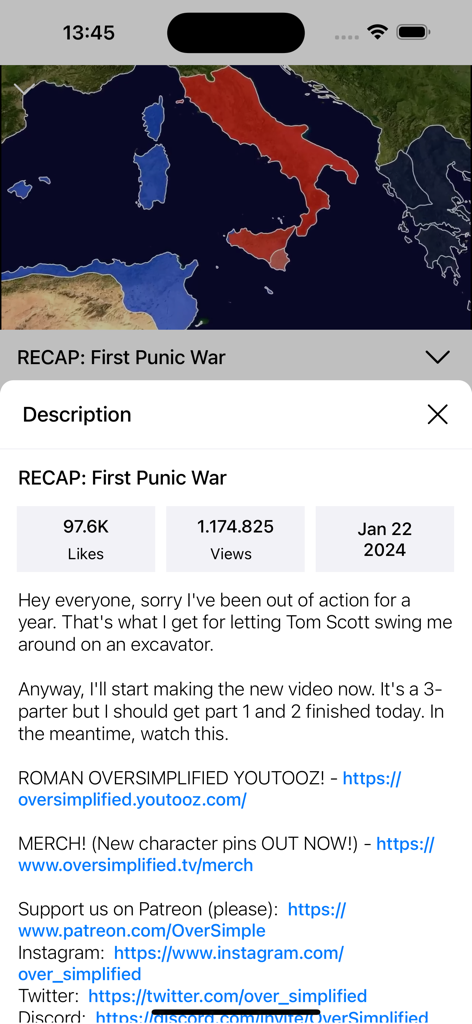 Screenshot of a video description and statistics page within the YouTube player app