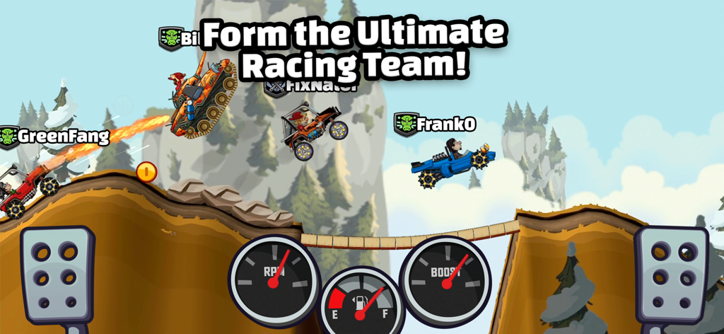 Multiplayer-Renngameplay in Hill Climb Racing 2 zeigt individuell angepasste Fahrzeuge und Teamplay auf einer hügeligen Strecke.