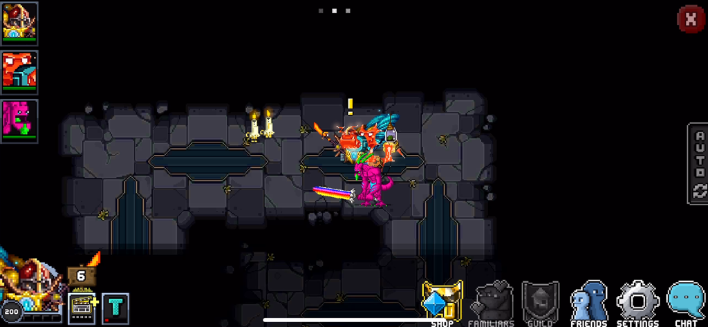A retro pixel art character with a rainbow sword exploring a dark dungeon in Bit Heroes Quest