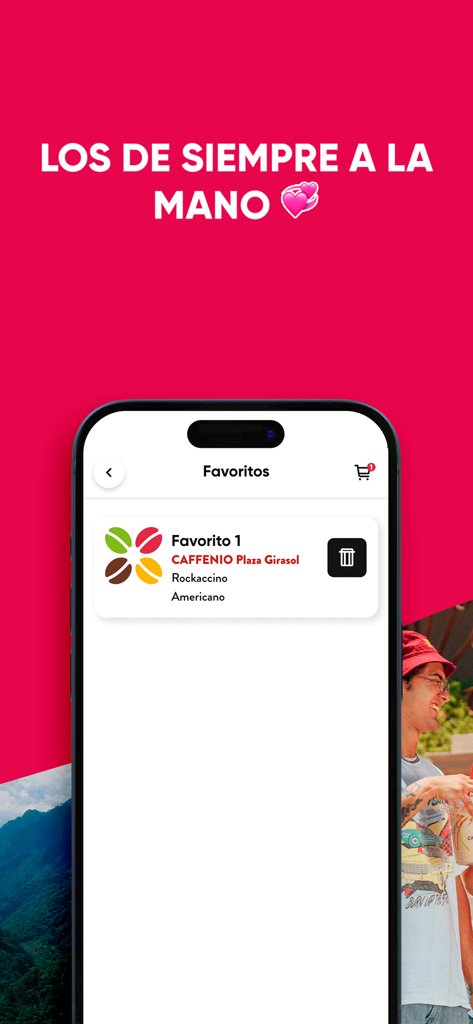 Tela do aplicativo CAFFENIO mostrando um pedido de café favorito salvo para check-out rápido