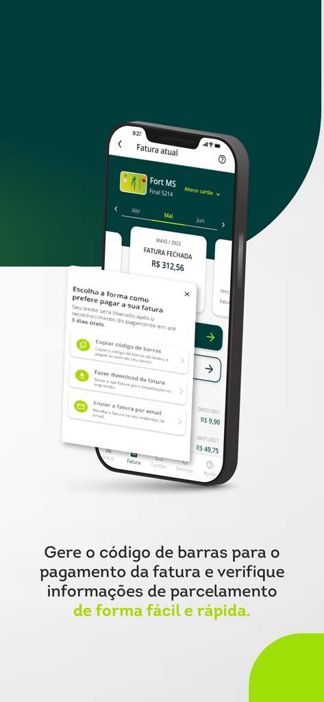 FortBrasil: Cartão de crédito - Tela do aplicativo FortBrasil mostrando opções de pagamento de fatura de cartão de crédito, como copiar código de barras e baixar fatura