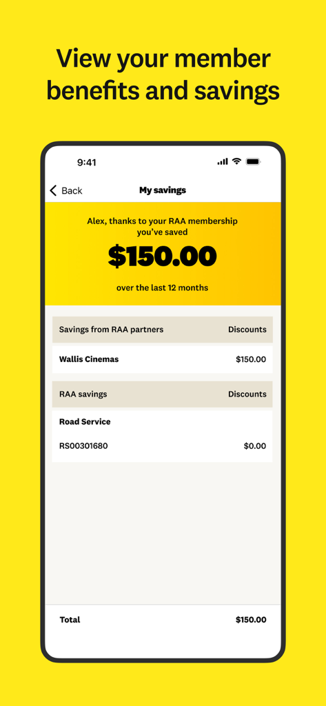 RAA app interface showing member savings and benefits history