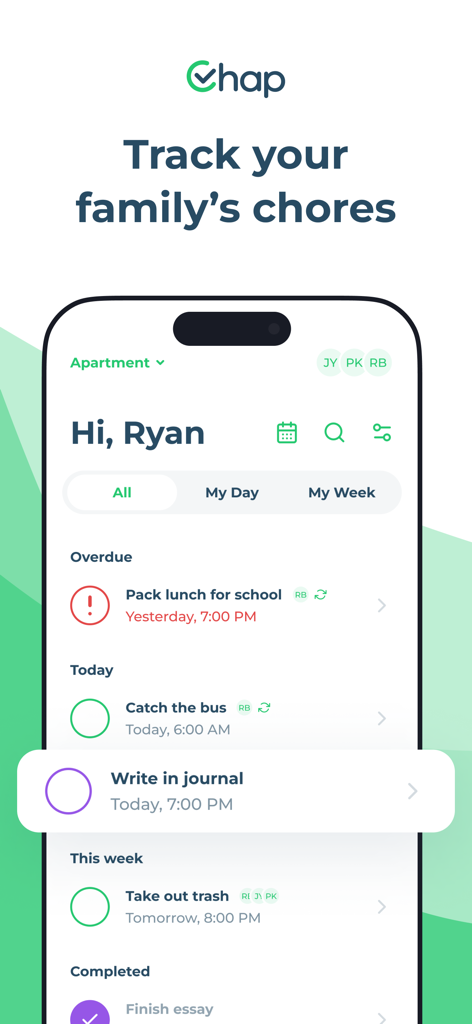 Chap: Chores Tracker & Chart - Interface of the Chap app showing a personalized chore list with daily and weekly tasks for a family member.