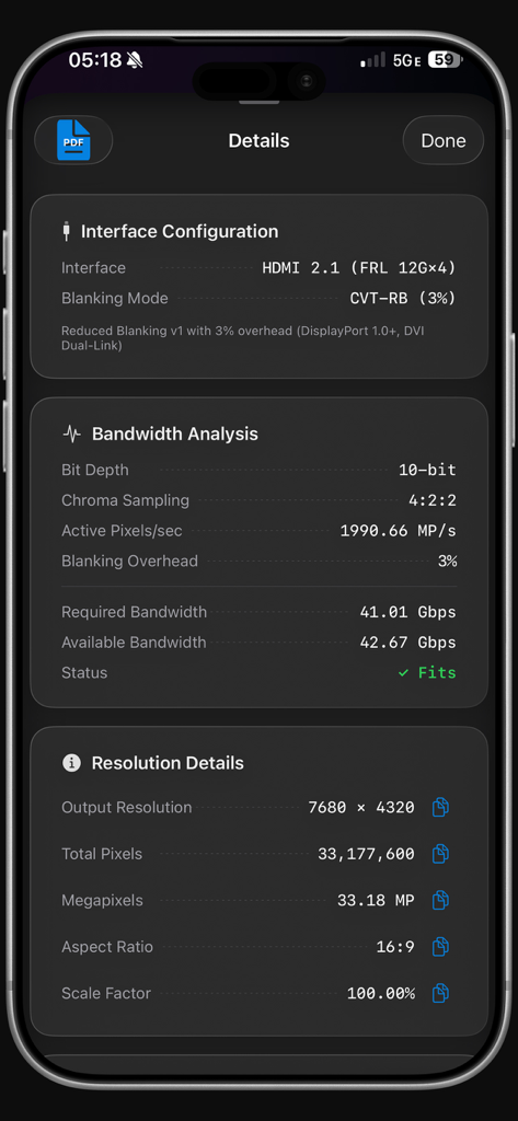 ResEditor app screen displaying video bandwidth analysis and 8K resolution details for HDMI 2.1 configuration