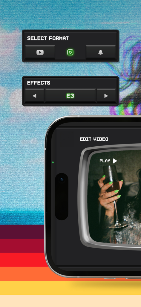 90s Retro And Cam Recorder App - Interface for selecting social media video formats and vintage camera effects