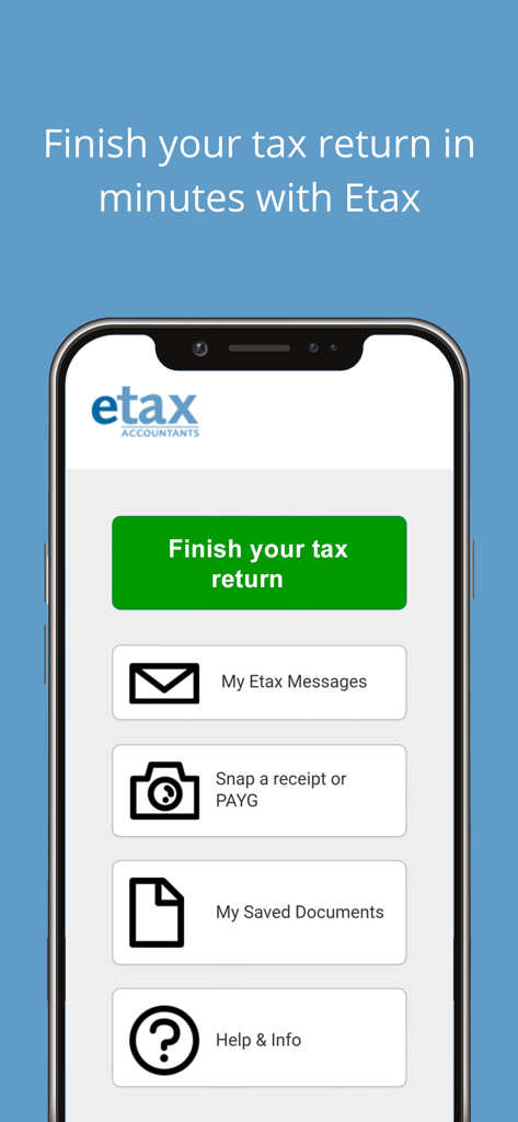 Main dashboard of the Etax Mobile App showing options to finish tax returns and snap receipts