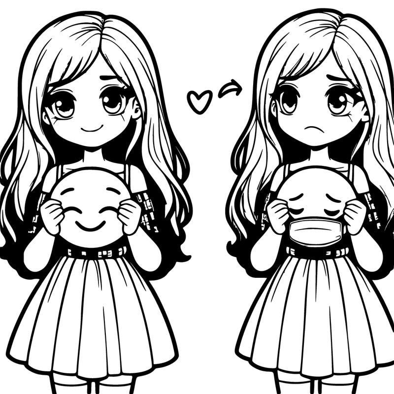 a teenage girl with long hair and a dress who holds a round mask that doesn't smile