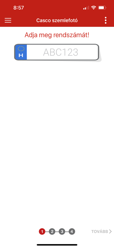 Generali Ügyfélpont - Casco保険検査中に車のライセンスプレート番号を入力するためのGeneraliアプリ画面。