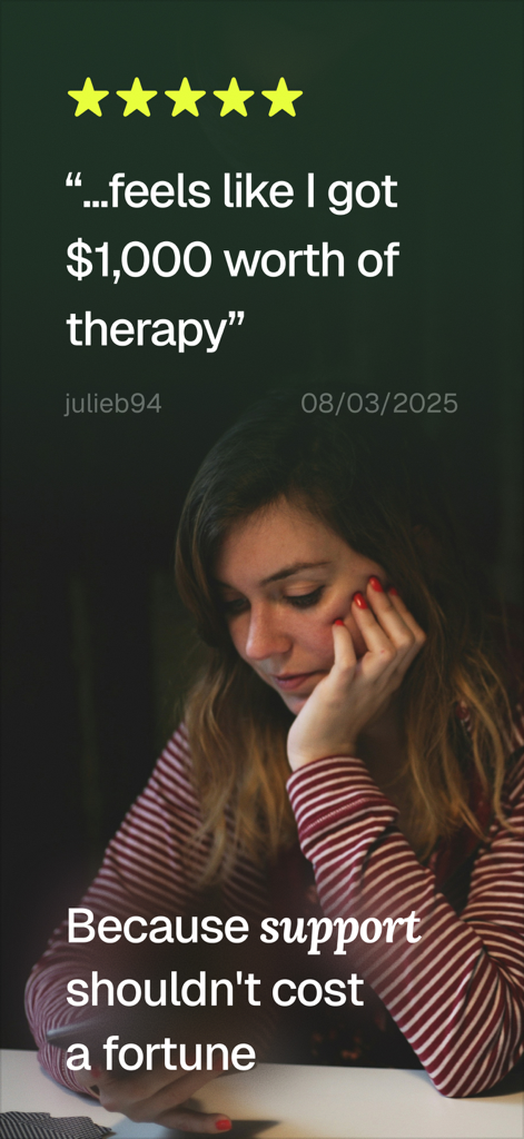 Elomia: Mental Health AI - Five star user review for Elomia AI featuring a woman using the app and a quote about affordable therapy support