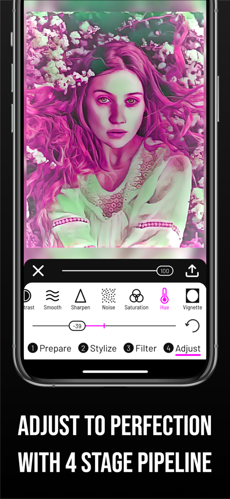Paintation: Famous Art Filters - Interfaz de la aplicación Paintation mostrando herramientas de ajuste de fotos profesionales para tono y saturación