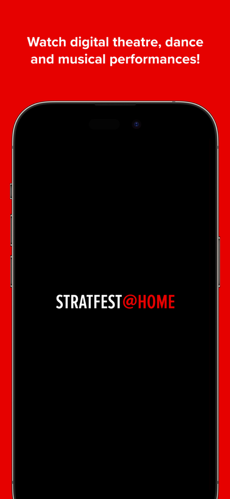 STRATFEST@HOME - Écran de l'application STRATFEST@HOME sur smartphone présentant une invitation à regarder des spectacles de théâtre, de danse et de musique en version numérique.