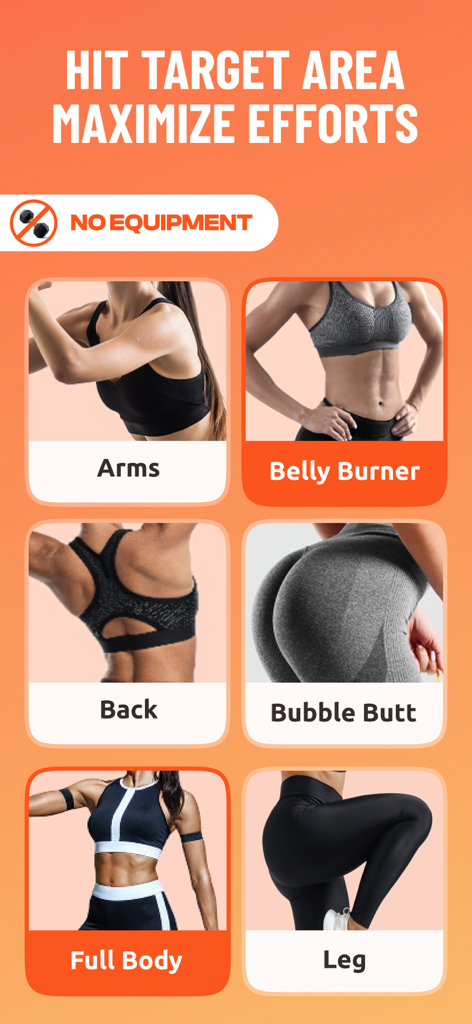 Lose Weight in 30 Days at Home - Screenshot of workout focus areas including arms, belly burner, back, bubble butt, full body, and leg training categories.