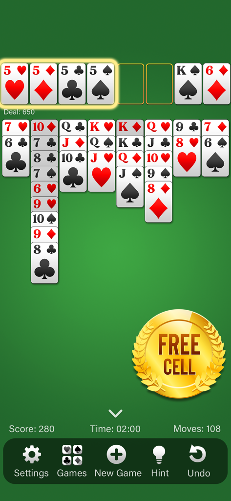 FreeCell Solitaire (Classic) - Gameplay screen of FreeCell Solitaire featuring large clear cards on a green background with a gold emblem.