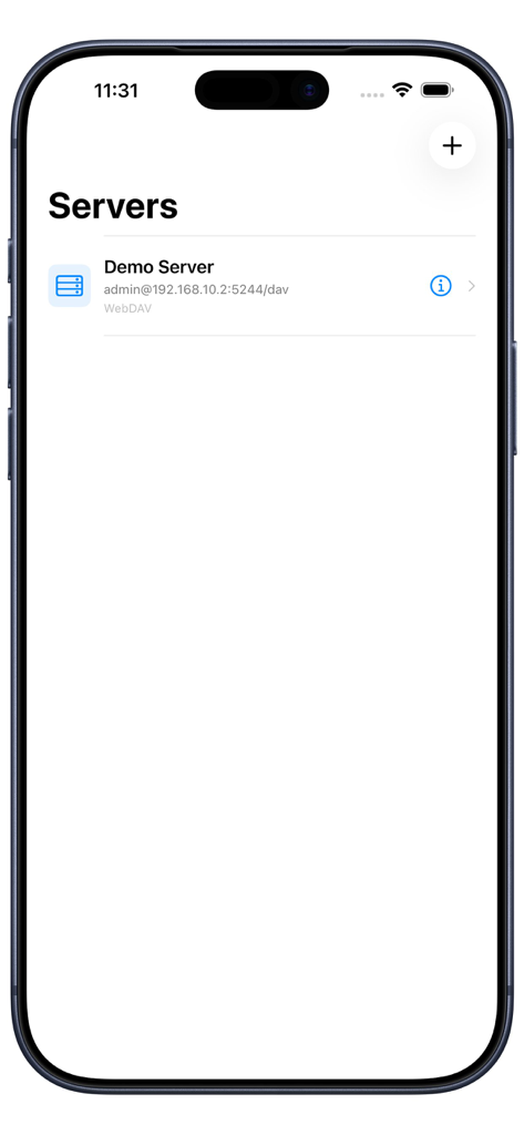 Captura de pantalla de la aplicación DAV Player que muestra la pantalla de administración del servidor con una entrada de servidor de demostración WebDAV