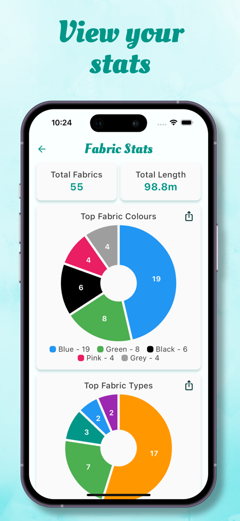 Stash Hub app screen displaying fabric inventory statistics including color and fabric type pie charts