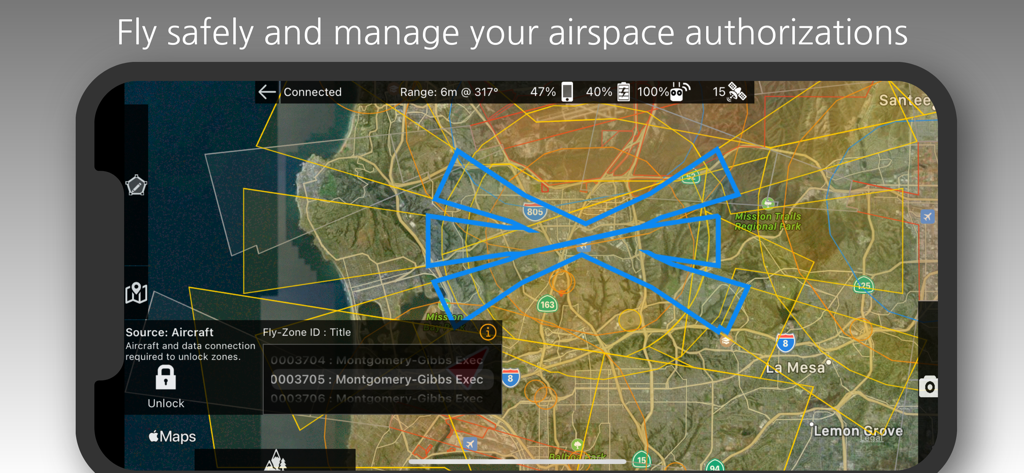 Map Pilot Pro-Oberfläche, die die Verwaltung von Drohnenflugzonen und Flugraumberechtigungen auf einer Karte zeigt.