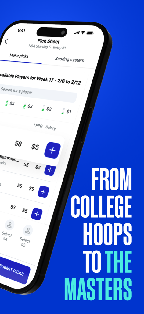 RunYourPool - Una pantalla de smartphone que muestra la hoja de selecciones de la NBA para una quiniela deportiva en la aplicación RunYourPool