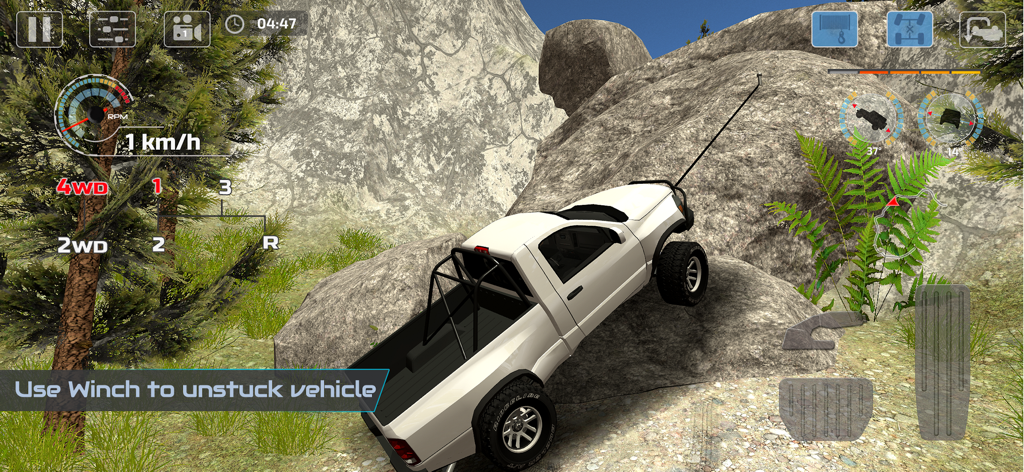 OffRoad Drive Pro - A 4x4 truck using a winch to navigate rocks in OffRoad Drive Pro.