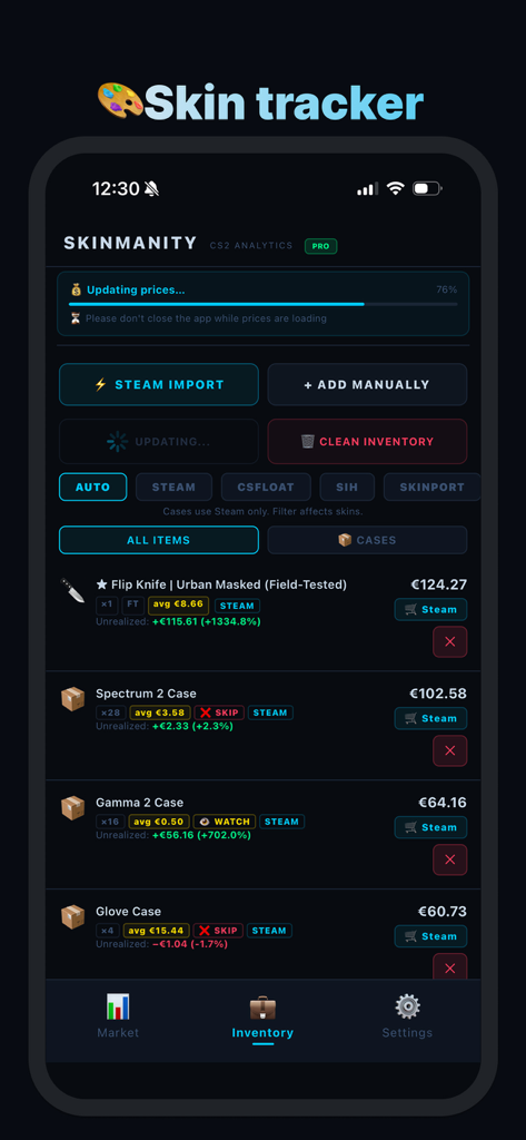 Skinmanity mobile app interface showing CS2 skins and cases with their current market values