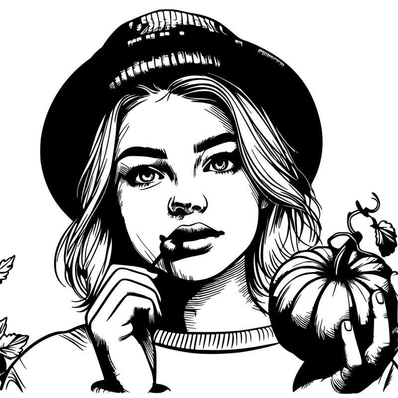 realistic teen girl with a pumpkin hat and is eating a miniature pumpkin