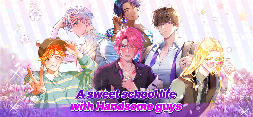 Arcana Twilight : Anime game - Six handsome anime male characters from Arcana Twilight in a romantic school setting