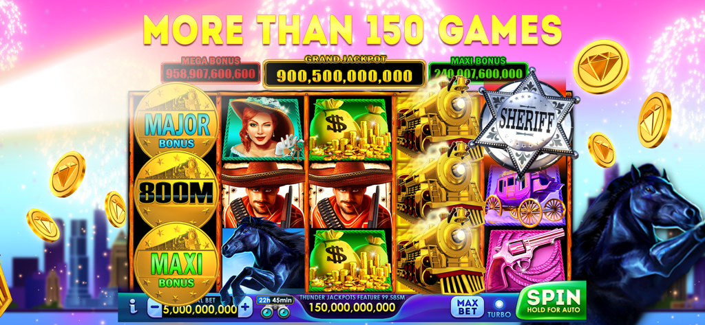 Lucky Time Slots mobile game featuring a Wild West themed slot machine with high jackpots and 150 plus games