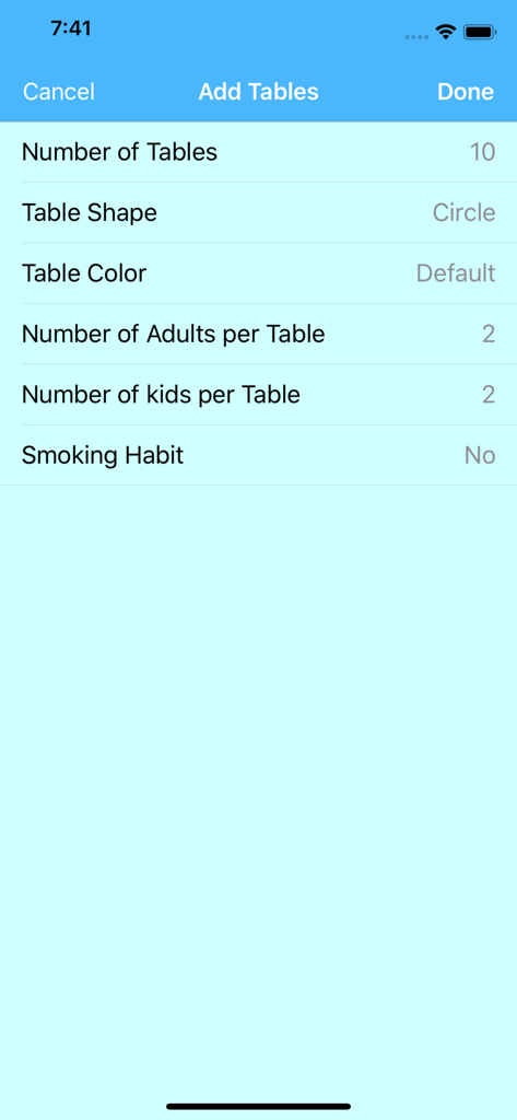 Interfaz de aplicación móvil para configurar la forma de la mesa y el número de invitados para un plano de asientos de evento
