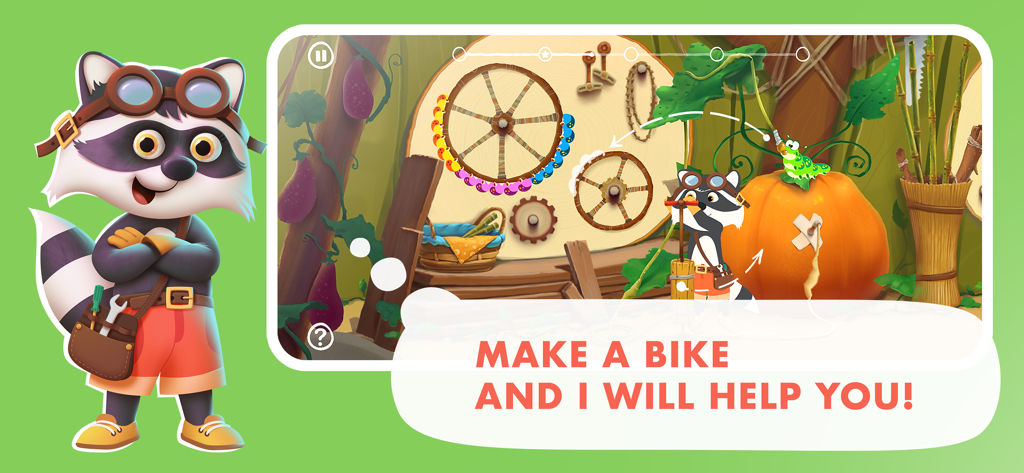 A cartoon raccoon with tools and bike parts in Jungle Town game