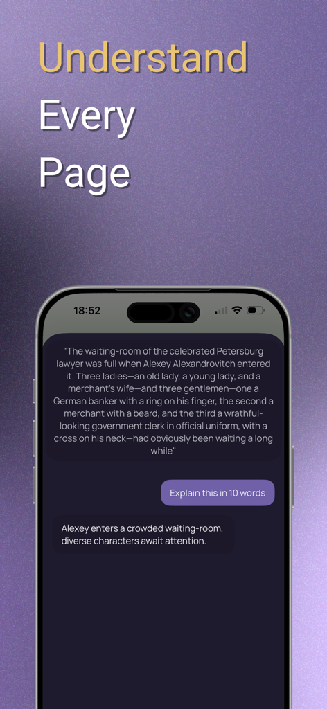 Fabl – Immersive Reading - Fabl app interface featuring an AI assistant summarizing a classic literature passage on a smartphone screen.