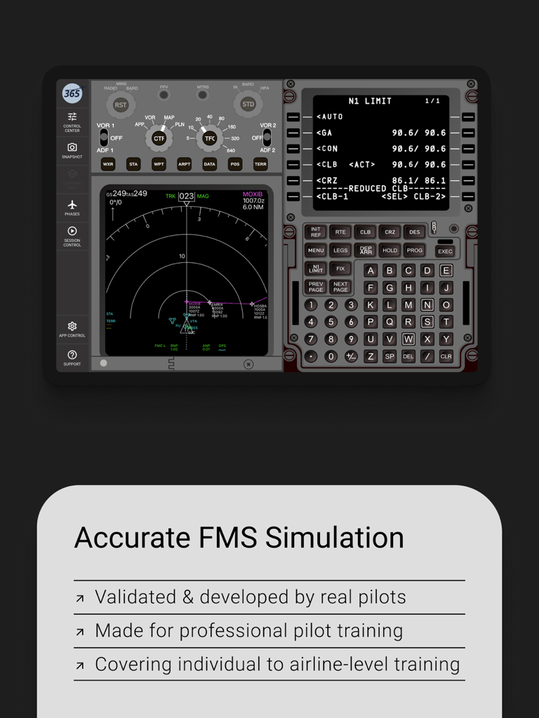 Aplicación B737 FMS Trainer PRO que muestra una interfaz profesional de sistema de gestión de vuelo y pantalla de navegación para entrenamiento de pilotos.