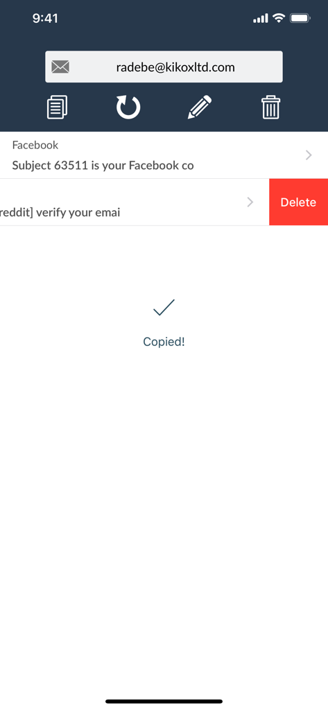 Temp Mail app interface displaying a temporary email address and inbox list with a notification that the address was copied