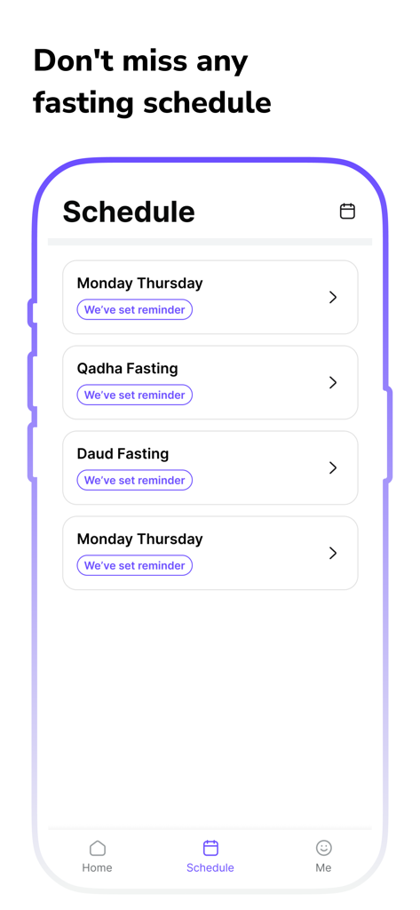 Muslim Fasting Calendar Alarm - Smartphone screen showing fasting schedules for Monday Thursday Qadha and Daud fasting with reminders