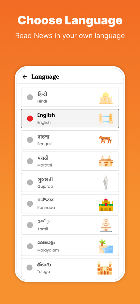 Language selection screen in the News18 app showing options for various Indian regional languages