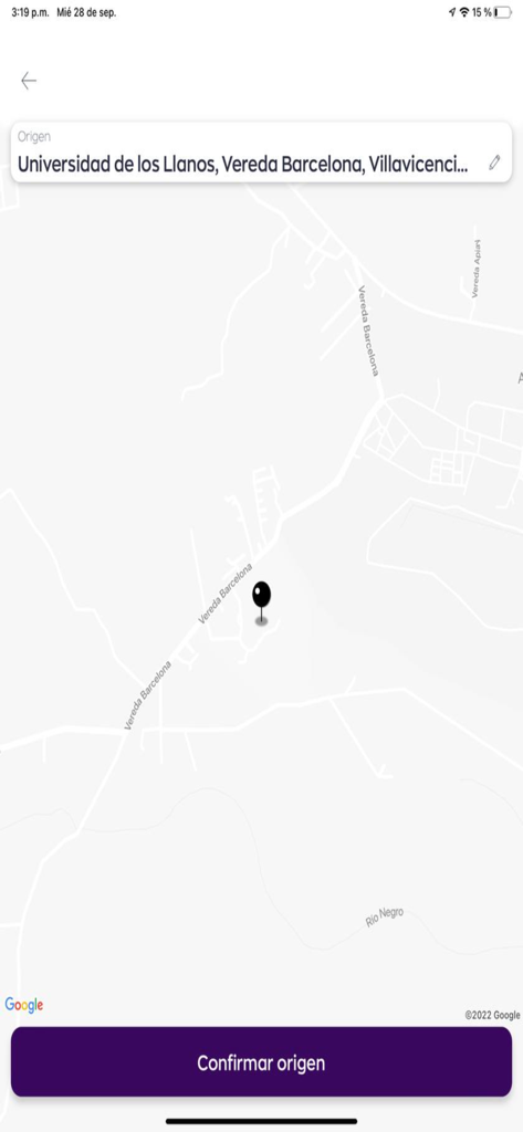 Taxi Estrella Villavicencio - Kartenansicht in der Taxi Estrella Villavicencio App mit einem Pin für den Abholort und einer Schaltfläche zum Bestätigen des Ursprungsorts